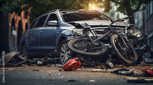 A Car Collision with a Bicycle, Depicting an Accident Scene Emphasizing the Importance of Caution