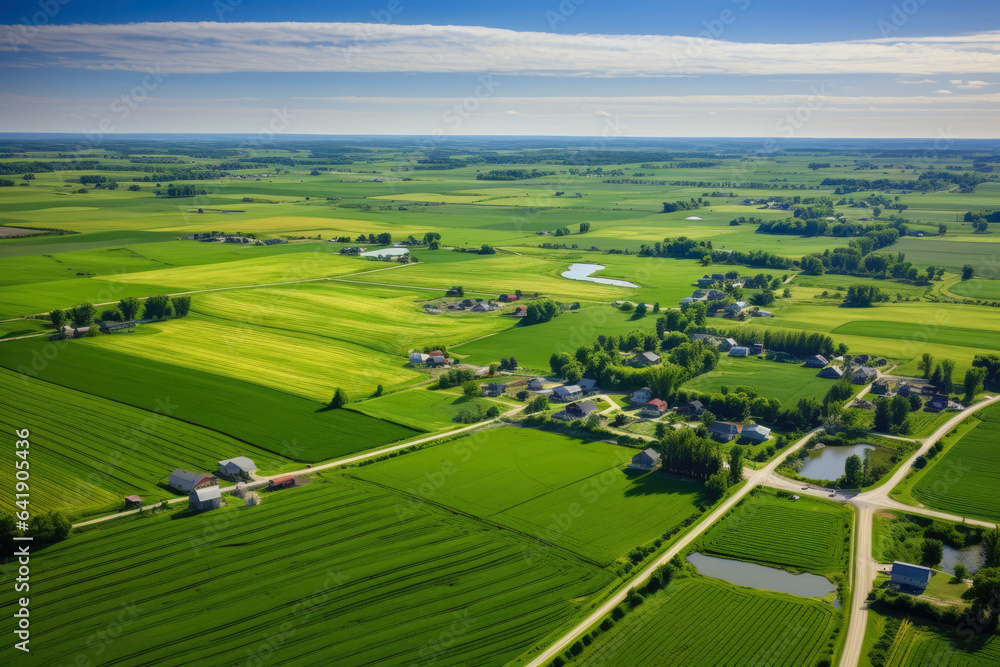 Breathtaking Aerial Serenity: Vibrant Farmland, Lush Crops, and Country Charm Unveiled in Majestic Birdseye View