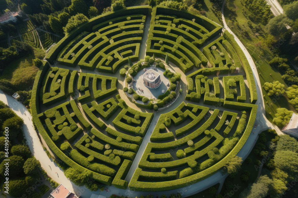 Majestic Aerial Maze: Enchanting Pathways Unveiling a Mesmerizing Center amidst Vibrant Landscapes and Lush Greenery
