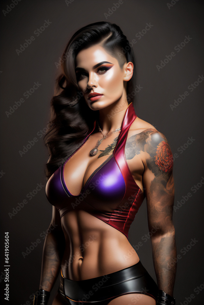 A beautiful brunette biker girl in a sexy leather outfit, tattooed body. Generative AI_7.