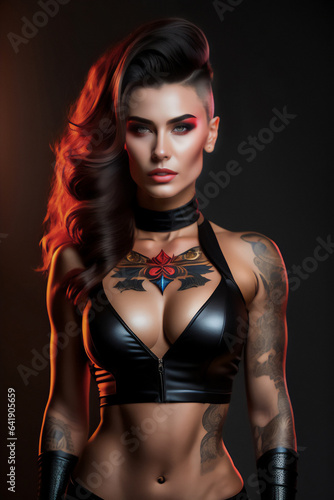 A beautiful brunette biker girl in a sexy leather outfit, tattooed body. Generative AI_24. © Ricardo Alves