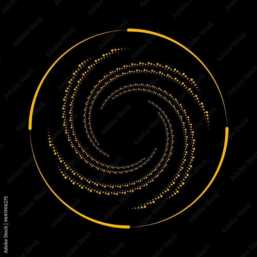 Yellow curvy halftone doted lines in spiral form. Segmented circle