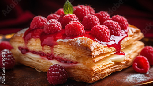 A Close-Up of a Pastry Adorned with Juicy Raspberries, Tempting the Taste Buds with Sweet Elegance