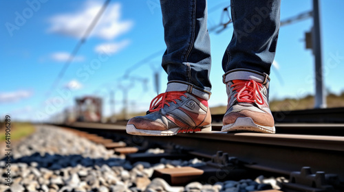 Close-Up of a Person's Shoes on Train Tracks, Signifying a Journey into the Unknown, Amidst the Vastness of Nature