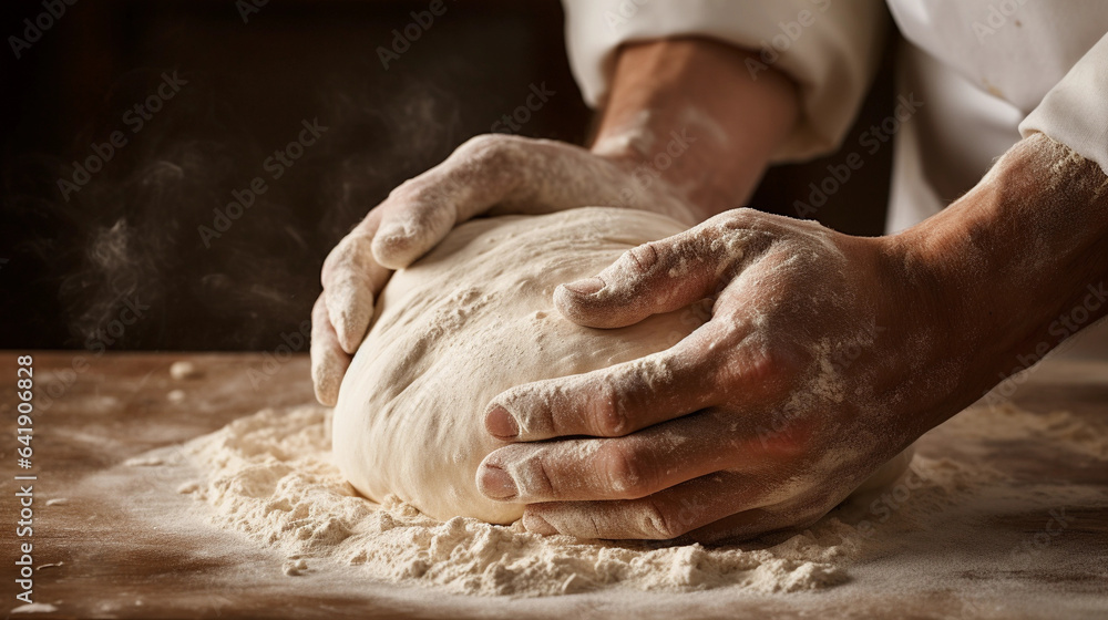 A Close-Up of a Baker's Hands Kneading Dough for Handcrafted Excellence in Traditional Baking A Close-Up of a Baker's Hands Kneading Dough for Handcrafted Excellence in Traditional Baking