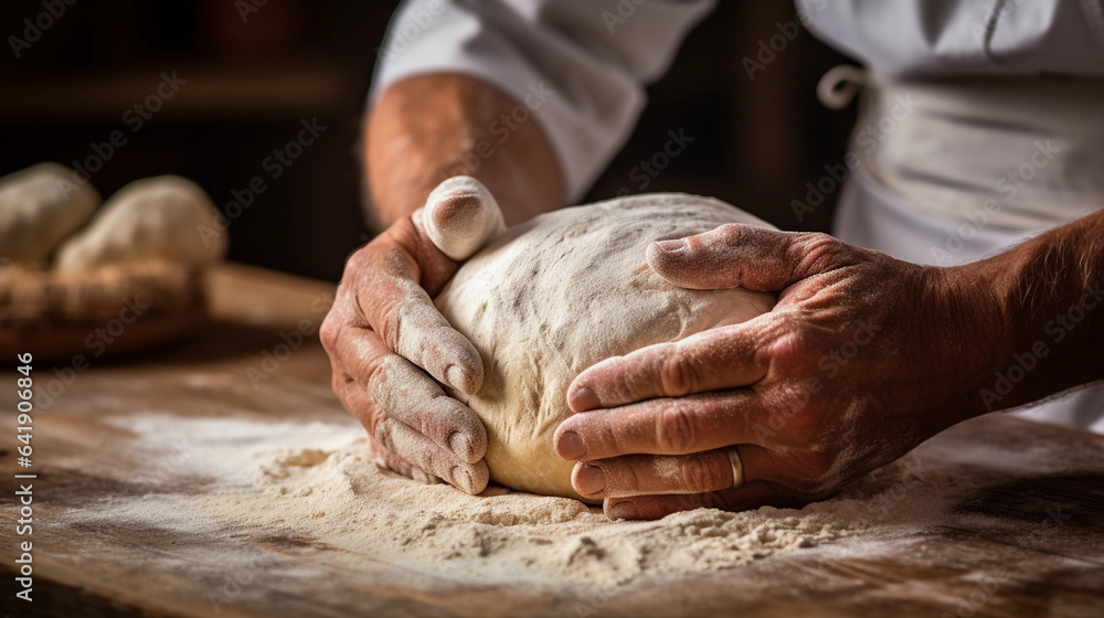 Skilled Hands Kneading Dough on a Table, a Culinary Ballet Creating the Foundation for Delicious Homemade Delights