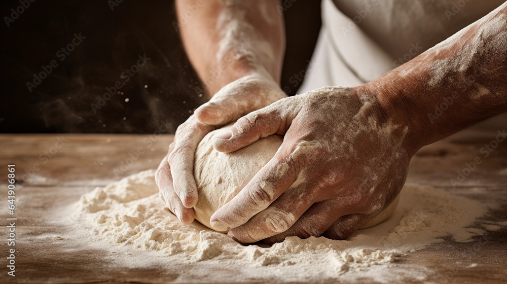 Skillful Hands Kneading Dough on a Table, Crafting Homemade Delights with Precision and Love