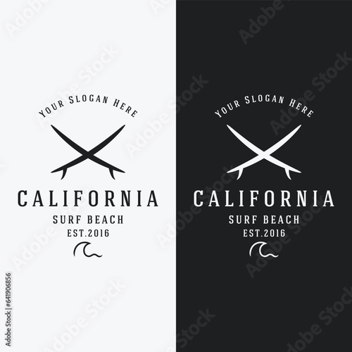 Summer Surfing california logo template retro vintage with surfboard and waves concept.Logo for label, summer holiday, business, badge.