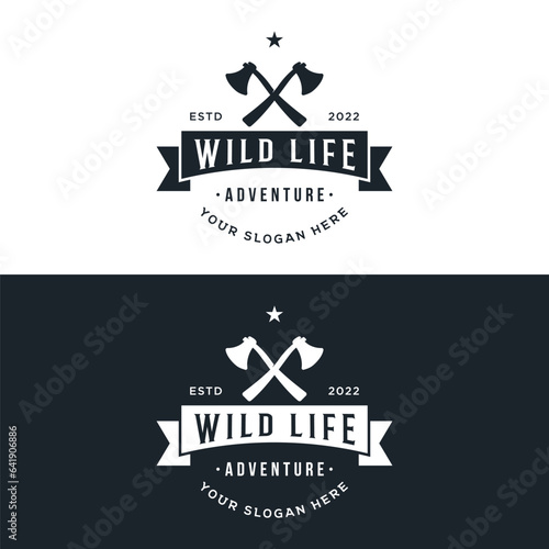 Adventure survival ax logo design with vintage hipster campfire for camping, adventure and labels.