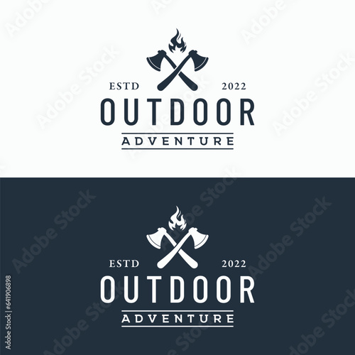 Adventure survival ax logo design with vintage hipster campfire for camping, adventure and labels.