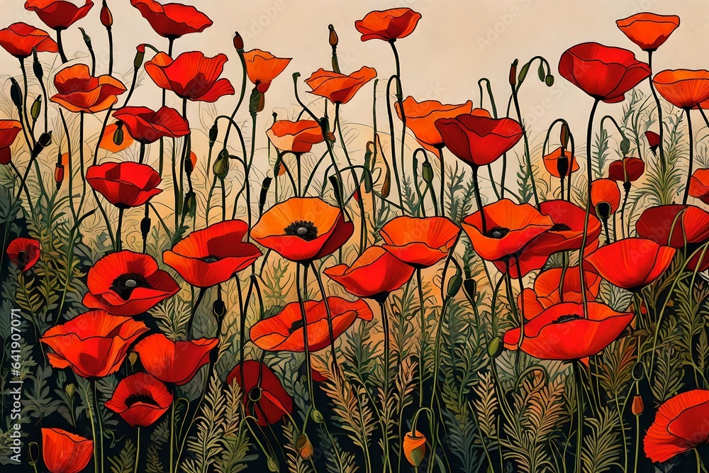 Obraz premium field of red poppies ,Close-up of poppies in a field 