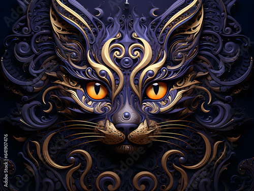 Illustration of a cat's face with ornamental pattern on a dark background