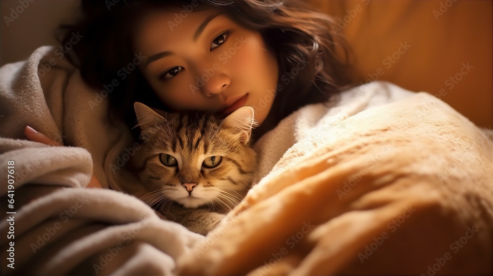 家で猫を可愛がる女性・ベッドで一緒に寝る・リラックスタイム
