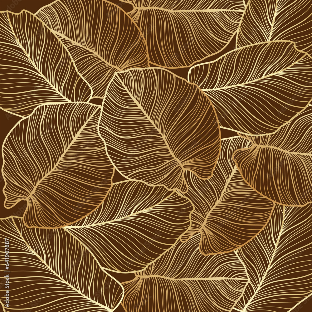 Luxury gold and nature brown background vector. Floral pattern, Golden split-leaf Philodendron plant with monstera plant line arts, Vector illustration. Luxury gold and nature brown background vector. Floral pattern, Golden split-leaf Philodendron plant with monstera plant line arts, Vector illustration.