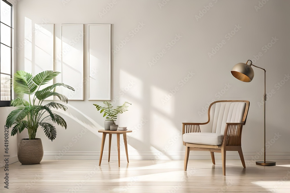 Empty beige wall mockup in boho room interior with wicker armchair and vase. Natural daylight from a window. Empty beige wall mockup in boho room interior with wicker armchair and vase. Natural daylight from a window.