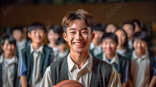 学校の部活動でバスケットボールをする制服姿のアジア人の中学生・高校生の生徒 