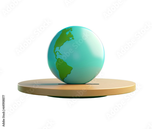 A green and white globe on a wooden stand