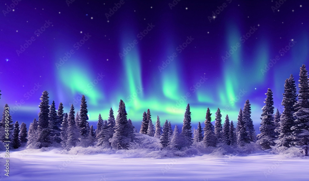 Stunning aurora borealis in blue sky over conifer forest, AI generated