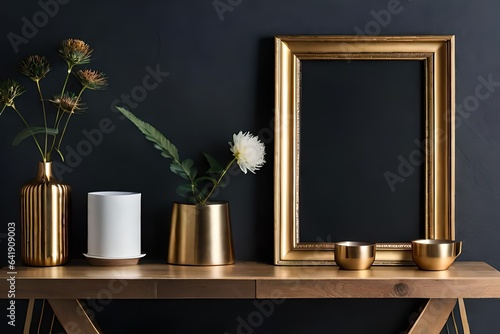 blackboard with flowers and frame on table