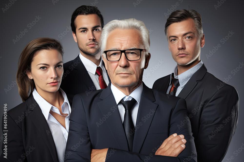 Portrait of a group of business people standing together over grey background. Portrait of a group of business people standing together over grey background.