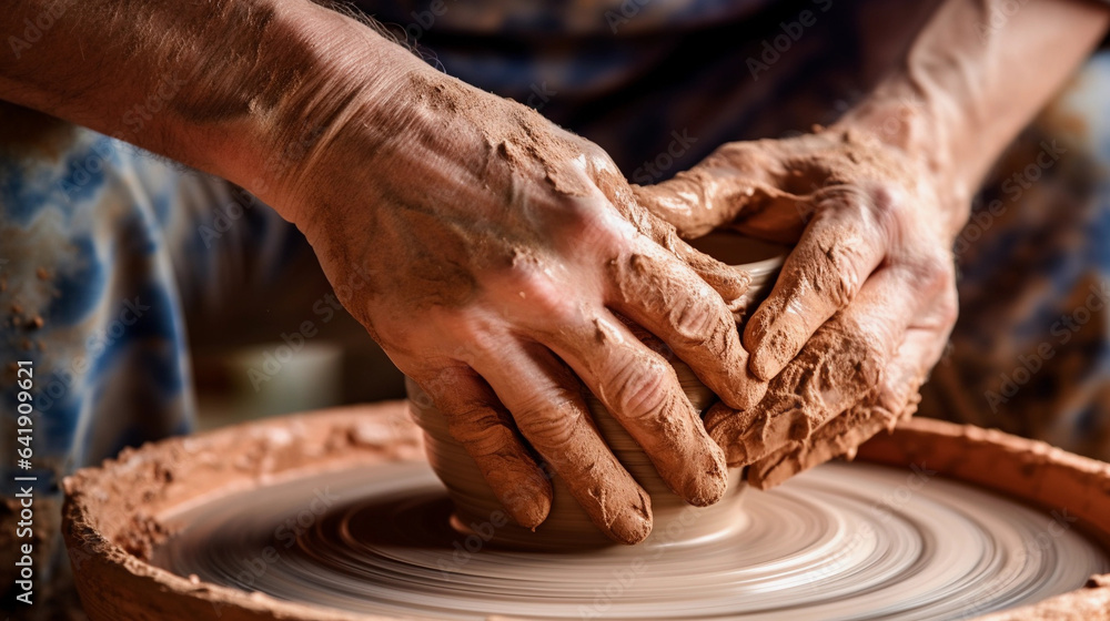 A Close-Up of a Potter's Hands Molding Clay on a Wheel, Capturing the Artistry of Creation