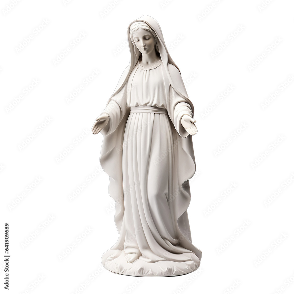 A white statue of the Virgin Mary on a pure white background