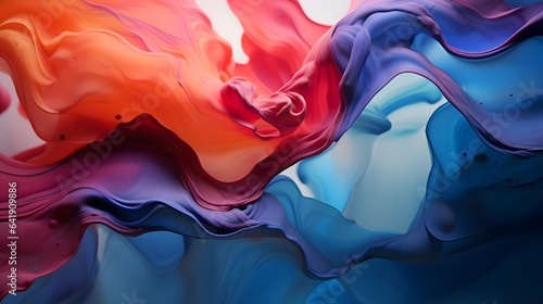 Beautiful abstraction of liquid paints in slow blending flow mixing together gently, AI generative