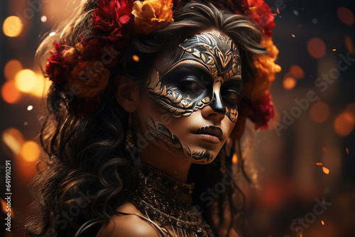 Beautiful woman dancing mexican for the Day of the Dead , Perfect beautiful dia de muertos background , Created with generative AI