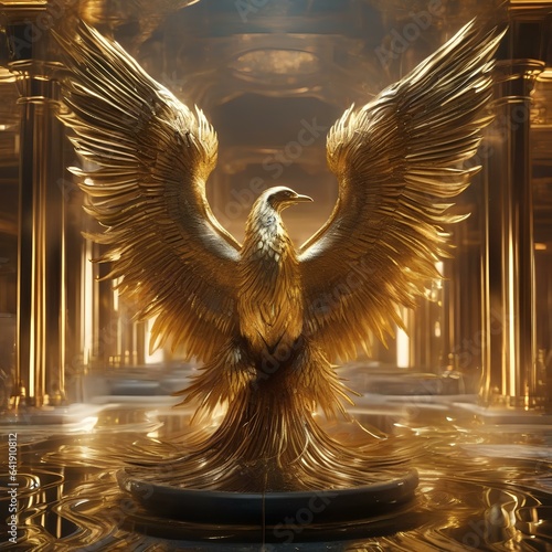 A mechanical phoenix rising from a pool of liquid gold and circuitry2