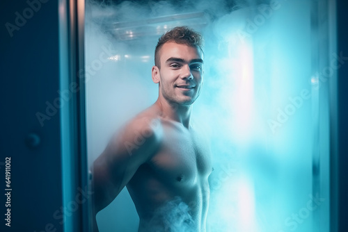 Young man in cryotherapy cabin, steam room or shower. AI