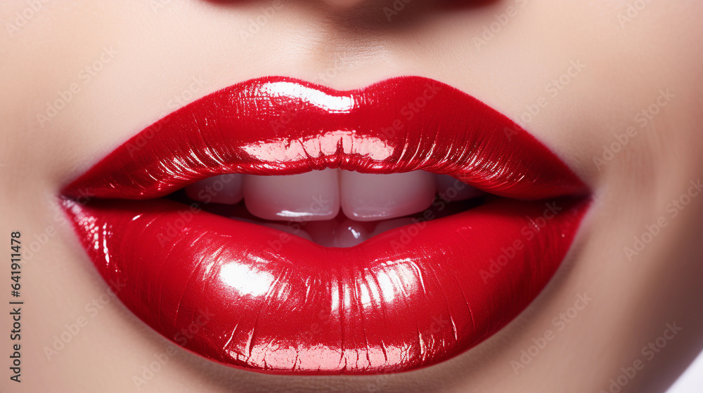 Obraz premium A Close-Up of a Girl's Lips Glistening with Shiny Red Lipstick, Exuding Glamour and Allure