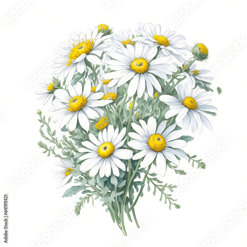 Bouquet with white chamomile flowers (Matricaria chamomilla, kamilla, scented mayweed, whig plant, mother's daisy). Watercolor hand drawn painting illustration, created with AI Generative technology
