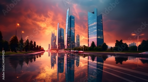 Contemporary tall four towers skyscrapers located on rainy street with wet asphalt road against colorful evening sky, AI Generative