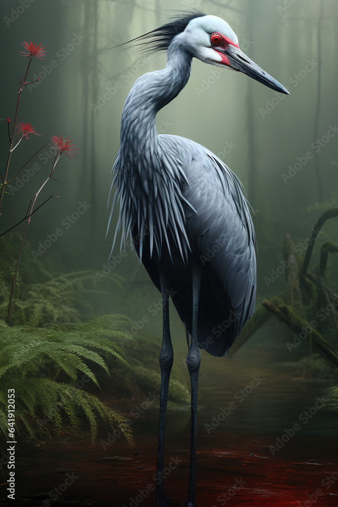 Fototapeta premium Image of demoiselle crane foraging in the forest, Bird, Wildlife Animals., Generative AI, Illustration.