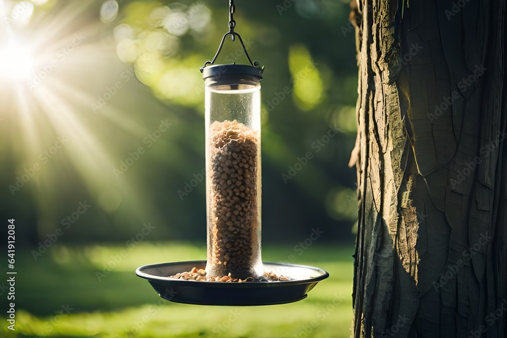 A bird feeder hanging from a tree with the sun shining through the window
