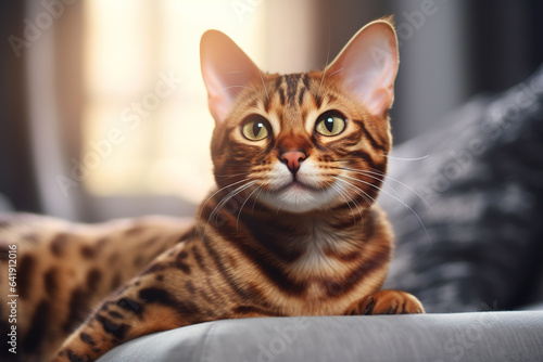 Image of cute bengal cat lying on sofa. Pet. animals. Illustration, Generative AI. © yod67