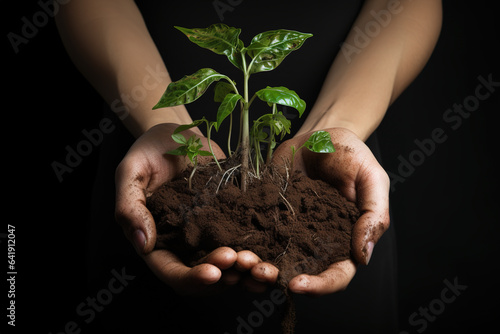 Human hands tenderly hold the plant and soil in their hands. Concept of nature. Illustration. Generative AI.