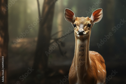 Image of an indian muntjac or common barking deer in the fertile forest. Wildlife Animals. Illustration, Generative AI.
