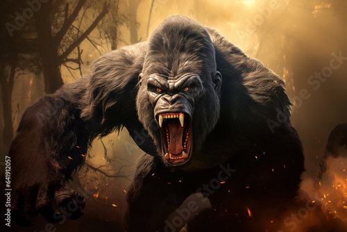 Image of an angry gorilla in the forest, Wildlife Animals., Generative AI, Illustration.