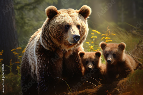 Image of family of cute bears in the forest. Wildlife Animals. Illustration, Generative AI.