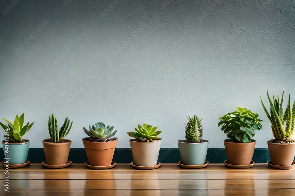 Plants in pots at wall background, houseplants potted in flowerpots in row