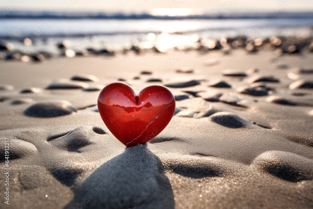 Red ceramic heart in the sand on the background of beach and sea. Toned