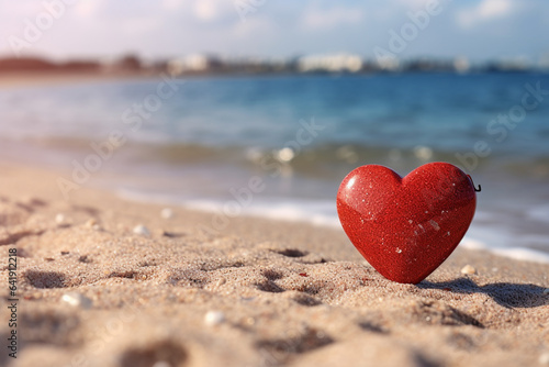 Red ceramic heart in the sand on the background of beach and sea. Toned