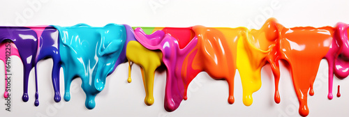 Thick, brightly colored paint runs in large steaks, drops down a white background. Banner