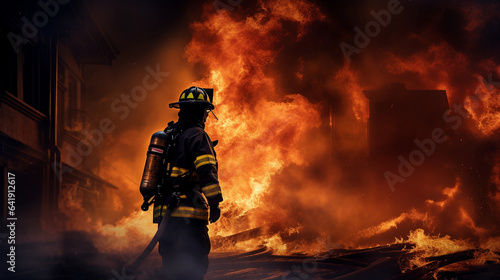 Brave Firefighter Heroically Battling a Raging Blaze in a Burning Structure