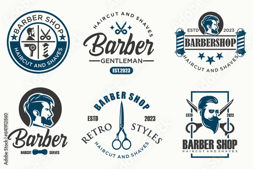 Set of vintage barber shop logo, labels, badges and design element.