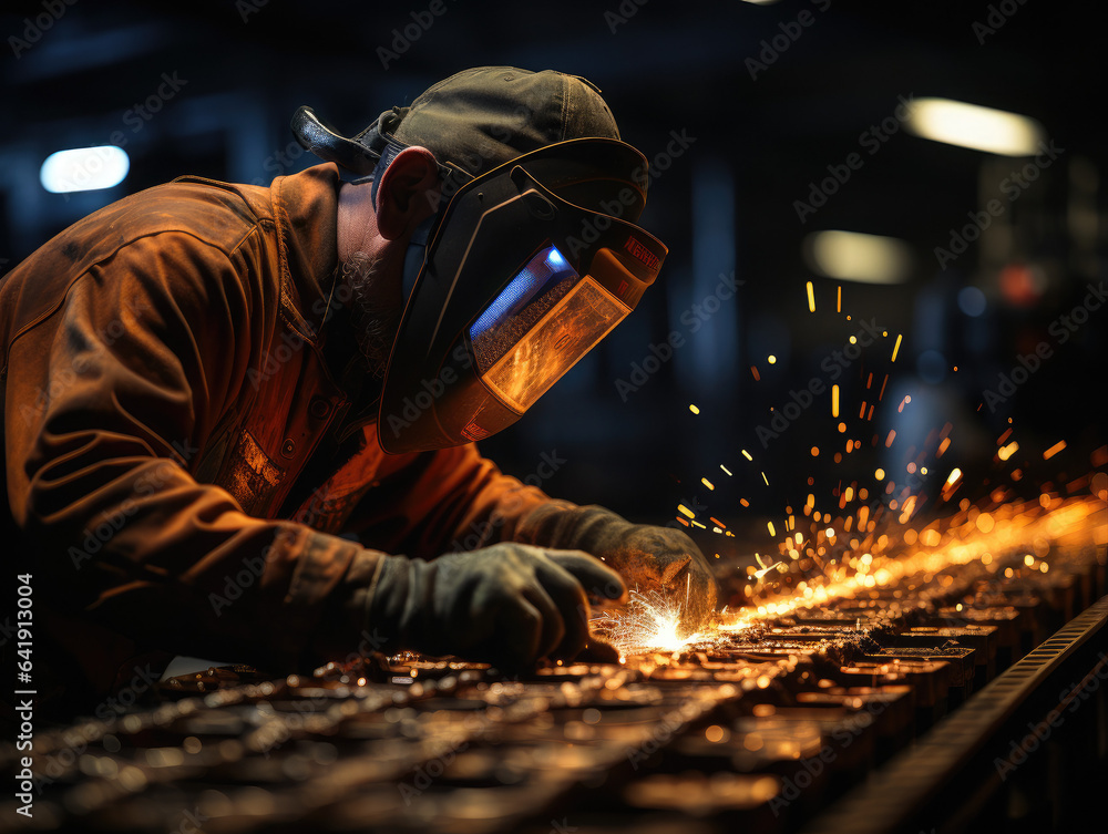 Welder wearing mask and gloves at work, sparks flying Welder wearing mask and gloves at work, sparks flying