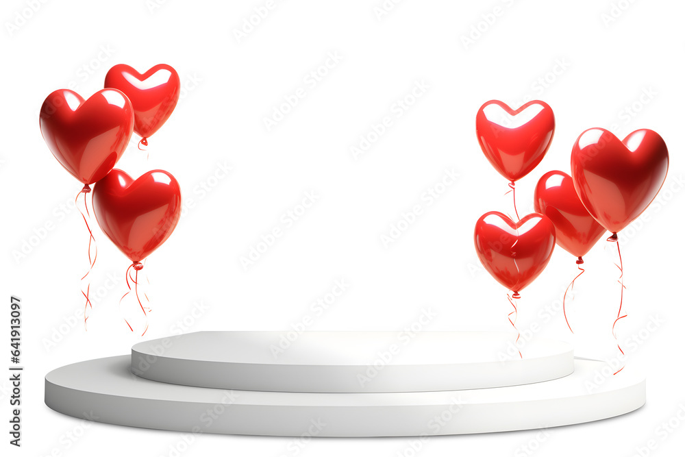 3D podium Valentine red heart shaped helium balloons floating decorations s, Empty stage display presentation product scene, isolated on white and transparent background, ai generate - obrazy, fototapety, plakaty 