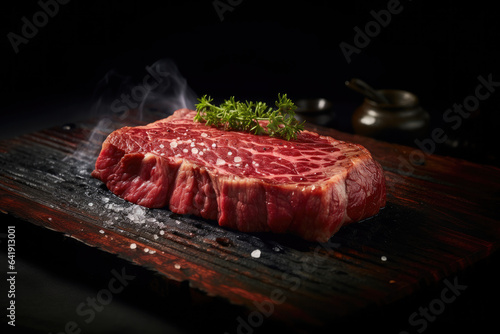 Thick raw wagyu steak meat on a grill, salted, black background