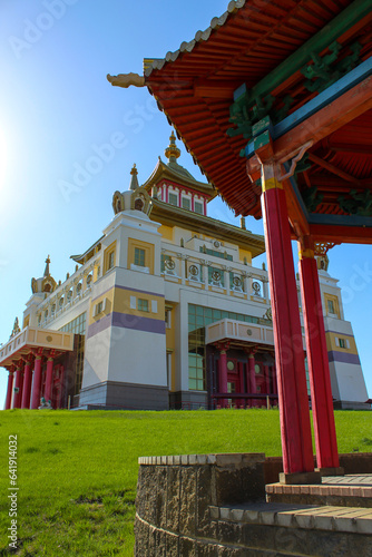Buddhist temple against a blue sky. Elista, Kalmykia, Russia photo